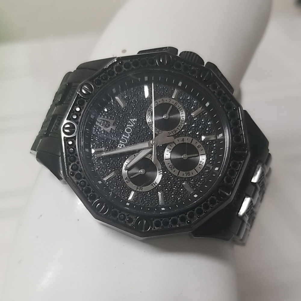 BULOVA MAN'S Octava Crystal Accent black IP Cronograph Watch EUC